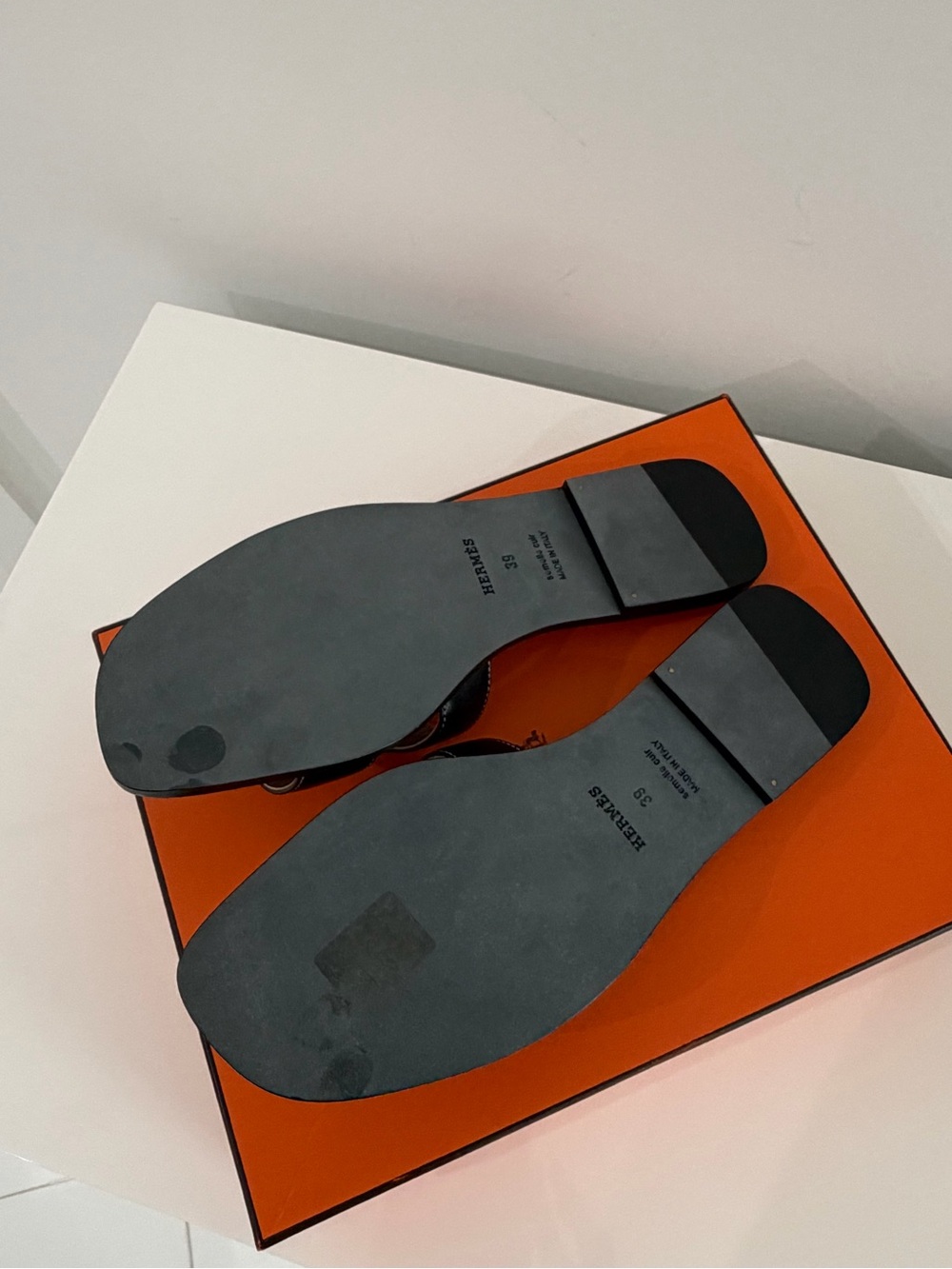 Hermes Black Leather Oran Slide Sandals - Picture 3 of 4
